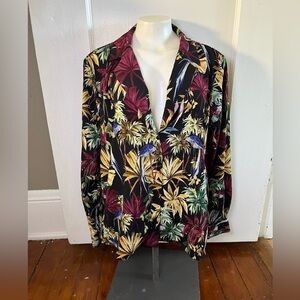 Zara Tropical Night Print Long Sleeve Blouse Size L Burgundy Gold